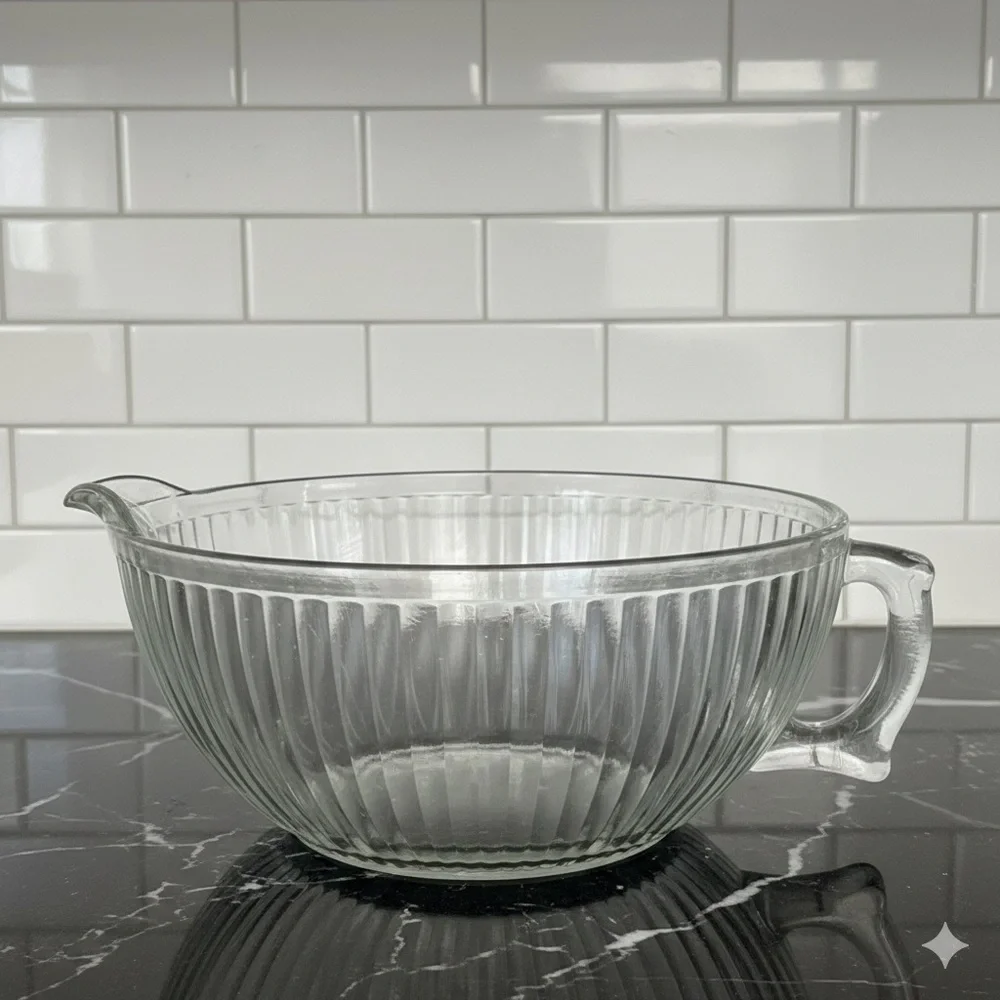 VINTAGE ART DECO ANCHOR HOCKING RIBBED 2 QUART BATTER BOWL WITH SPOUT AND HANDLE